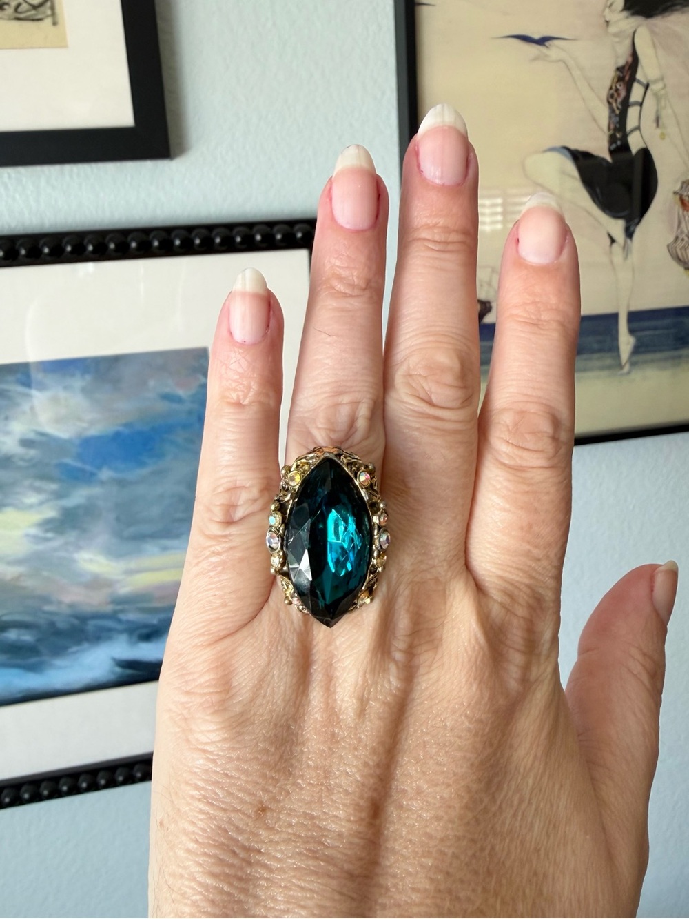 Vintage Art Nouveau Blue Glass Marquise & AB Rhinestone Gold Tone Statement Ring